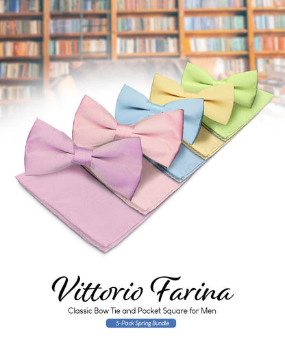 Solid Bow Tie & Pocket Square in a Box (Multipacks) by Vittorio Farina - Sky Blue/Pink/Lavender/Maize/Mint Green - Wholesale Bow Tie & Pocket Square by Dubal Brothers
