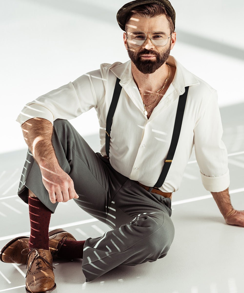 Solid Convertible Suspenders with Gold or Silver Hardware in a Box by Vittorio Farina (SUSP - CONV - GC_BLACK) for Independent Retail Stores by Dubal Brothers