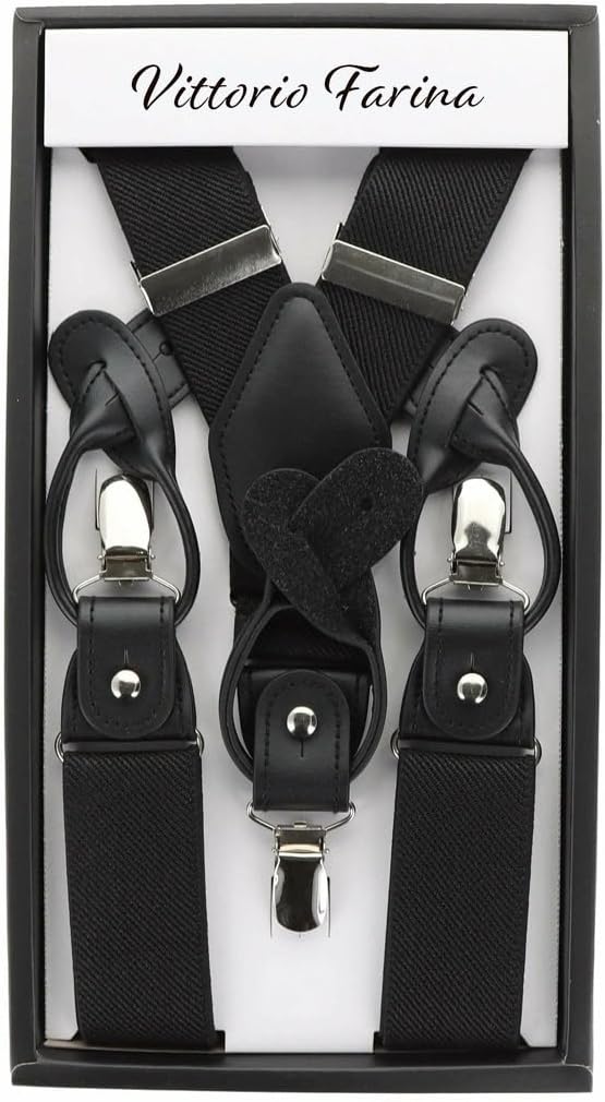 Solid Convertible Suspenders with Gold or Silver Hardware in a Box by Vittorio Farina (SUSP - CONV - GC_BLACK) for Independent Retail Stores by Dubal Brothers