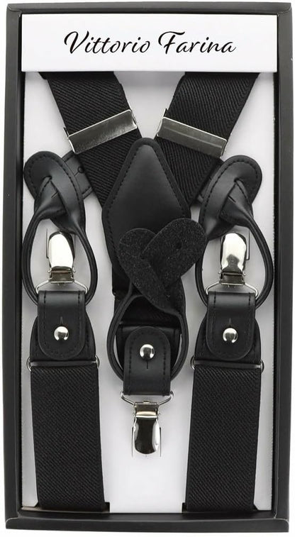 Solid Convertible Suspenders with Gold or Silver Hardware in a Box by Vittorio Farina (SUSP - CONV - GC_BLACK) for Independent Retail Stores by Dubal Brothers