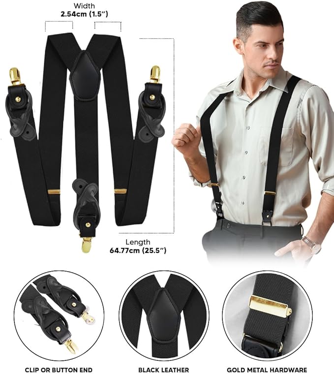 Solid Convertible Suspenders with Gold or Silver Hardware in a Box by Vittorio Farina (SUSP - CONV - GC_BLACK) for Independent Retail Stores by Dubal Brothers