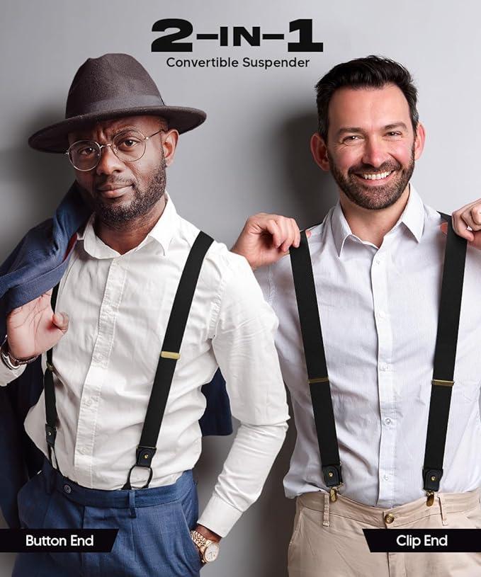 Solid Convertible Suspenders with Gold or Silver Hardware in a Box by Vittorio Farina (SUSP - CONV - GC_BLACK) for Independent Retail Stores by Dubal Brothers