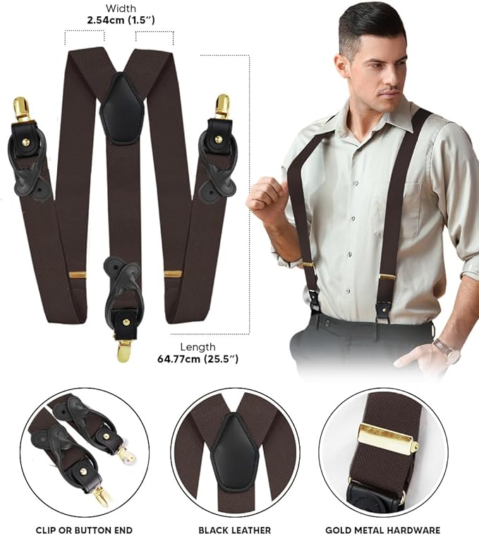 Solid Convertible Suspenders with Gold or Silver Hardware in a Box by Vittorio Farina (SUSP - CONV - GC_BROWN) for Independent Retail Stores by Dubal Brothers