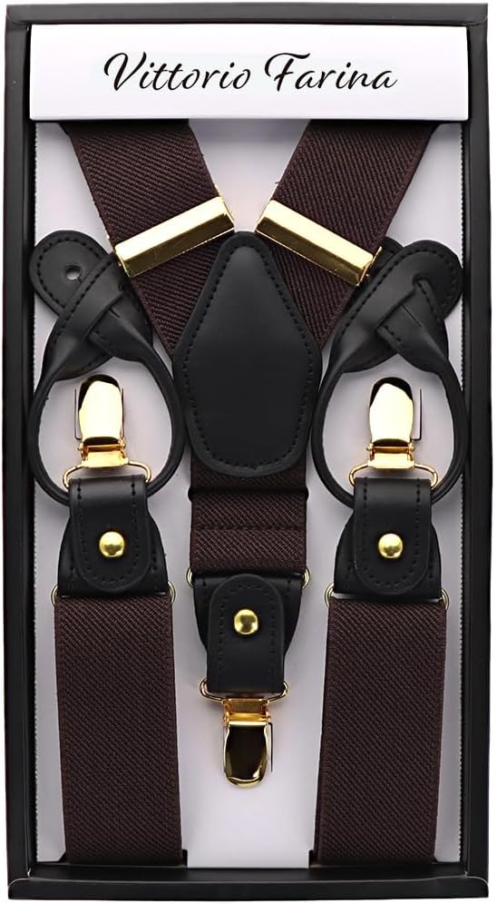 Solid Convertible Suspenders with Gold or Silver Hardware in a Box by Vittorio Farina (SUSP - CONV - GC_BROWN) for Independent Retail Stores by Dubal Brothers