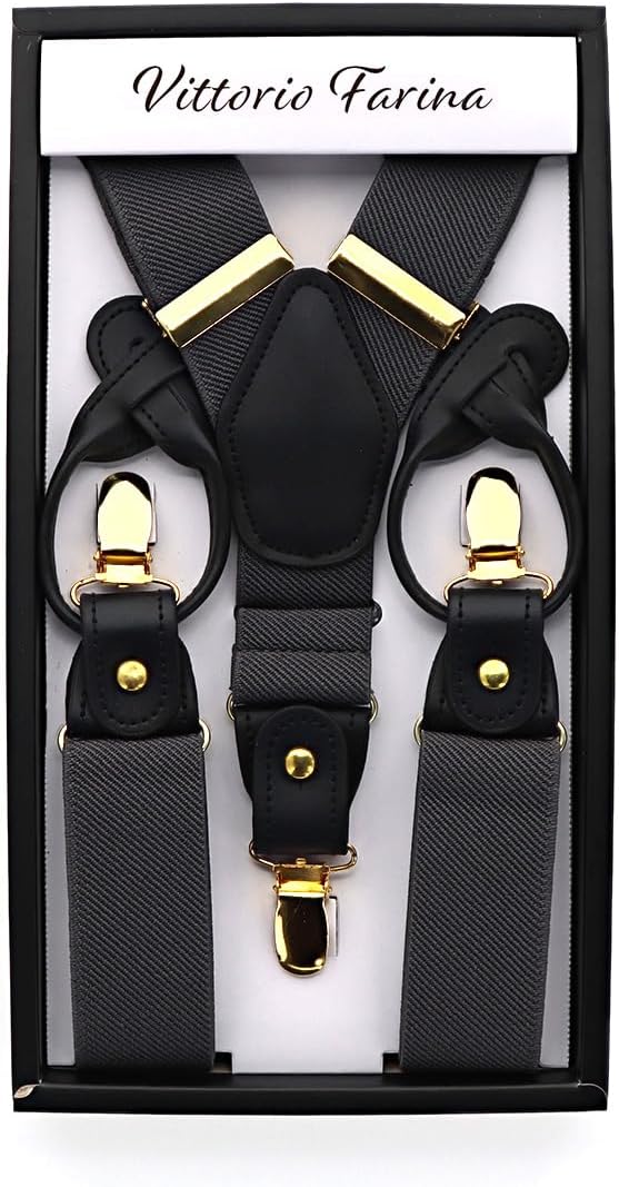 Solid Convertible Suspenders with Gold or Silver Hardware in a Box by Vittorio Farina (SUSP - CONV - GC_CHARCOAL) for Independent Retail Stores by Dubal Brothers