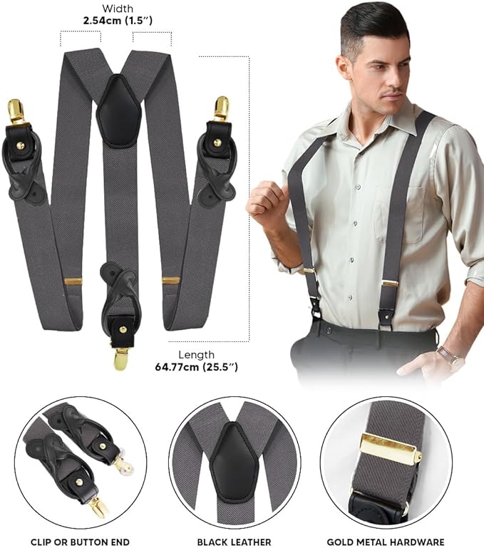 Solid Convertible Suspenders with Gold or Silver Hardware in a Box by Vittorio Farina (SUSP - CONV - GC_CHARCOAL) for Independent Retail Stores by Dubal Brothers