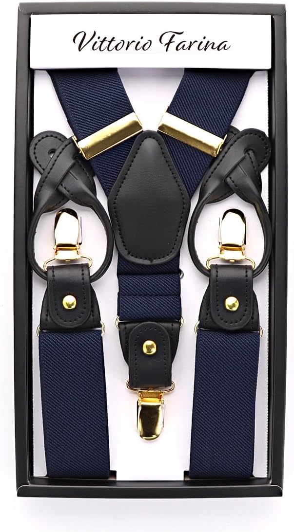 Solid Convertible Suspenders with Gold or Silver Hardware in a Box by Vittorio Farina (SUSP - CONV - GC_DARK - NAVY) for Independent Retail Stores by Dubal Brothers