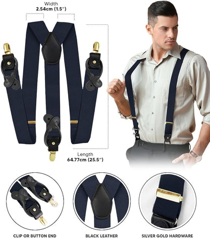 Solid Convertible Suspenders with Gold or Silver Hardware in a Box by Vittorio Farina (SUSP - CONV - GC_DARK - NAVY) for Independent Retail Stores by Dubal Brothers