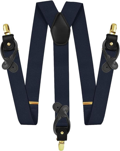 Solid Convertible Suspenders with Gold or Silver Hardware in a Box by Vittorio Farina (SUSP - CONV - GC_DARK - NAVY) for Independent Retail Stores by Dubal Brothers