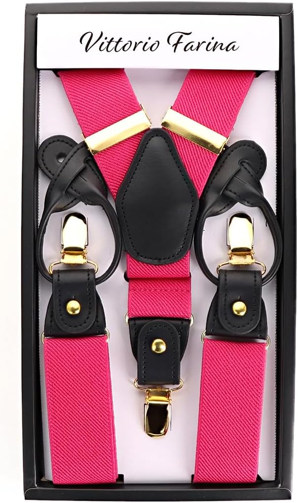 Solid Convertible Suspenders with Gold or Silver Hardware in a Box by Vittorio Farina (SUSP - CONV - GC_HOT - PINK) for Independent Retail Stores by Dubal Brothers