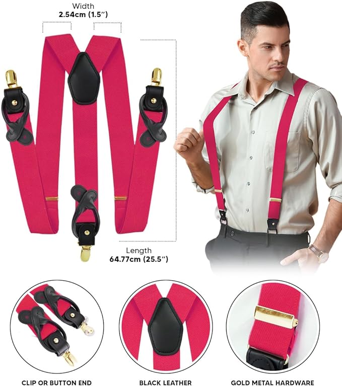 Solid Convertible Suspenders with Gold or Silver Hardware in a Box by Vittorio Farina (SUSP - CONV - GC_HOT - PINK) for Independent Retail Stores by Dubal Brothers
