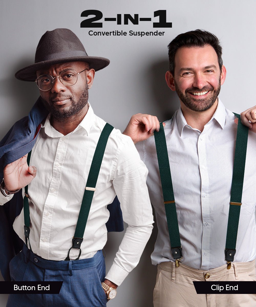 Solid Convertible Suspenders with Gold or Silver Hardware in a Box by Vittorio Farina (SUSP - CONV - GC_HUNTER) for Independent Retail Stores by Dubal Brothers