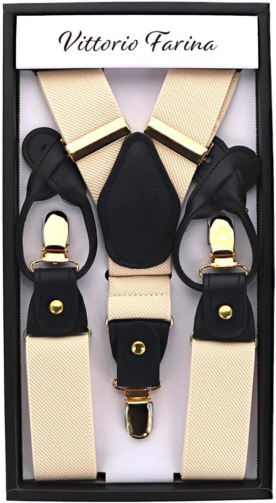 Solid Convertible Suspenders with Gold or Silver Hardware in a Box by Vittorio Farina (SUSP - CONV - GC_IVORY) for Independent Retail Stores by Dubal Brothers