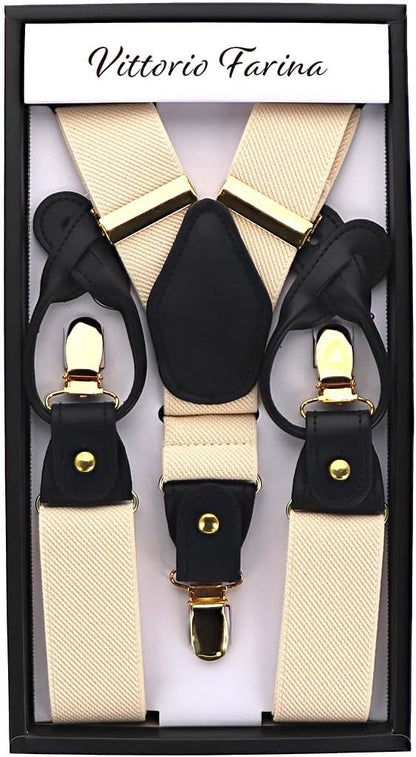 Solid Convertible Suspenders with Gold or Silver Hardware in a Box by Vittorio Farina (SUSP - CONV - GC_IVORY) for Independent Retail Stores by Dubal Brothers