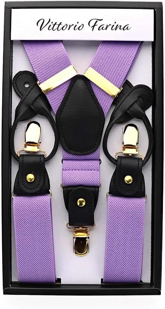 Solid Convertible Suspenders with Gold or Silver Hardware in a Box by Vittorio Farina (SUSP - CONV - GC_LAVENDER) for Independent Retail Stores by Dubal Brothers