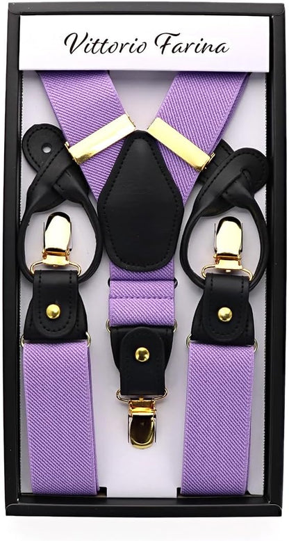 Solid Convertible Suspenders with Gold or Silver Hardware in a Box by Vittorio Farina (SUSP - CONV - GC_LAVENDER) for Independent Retail Stores by Dubal Brothers