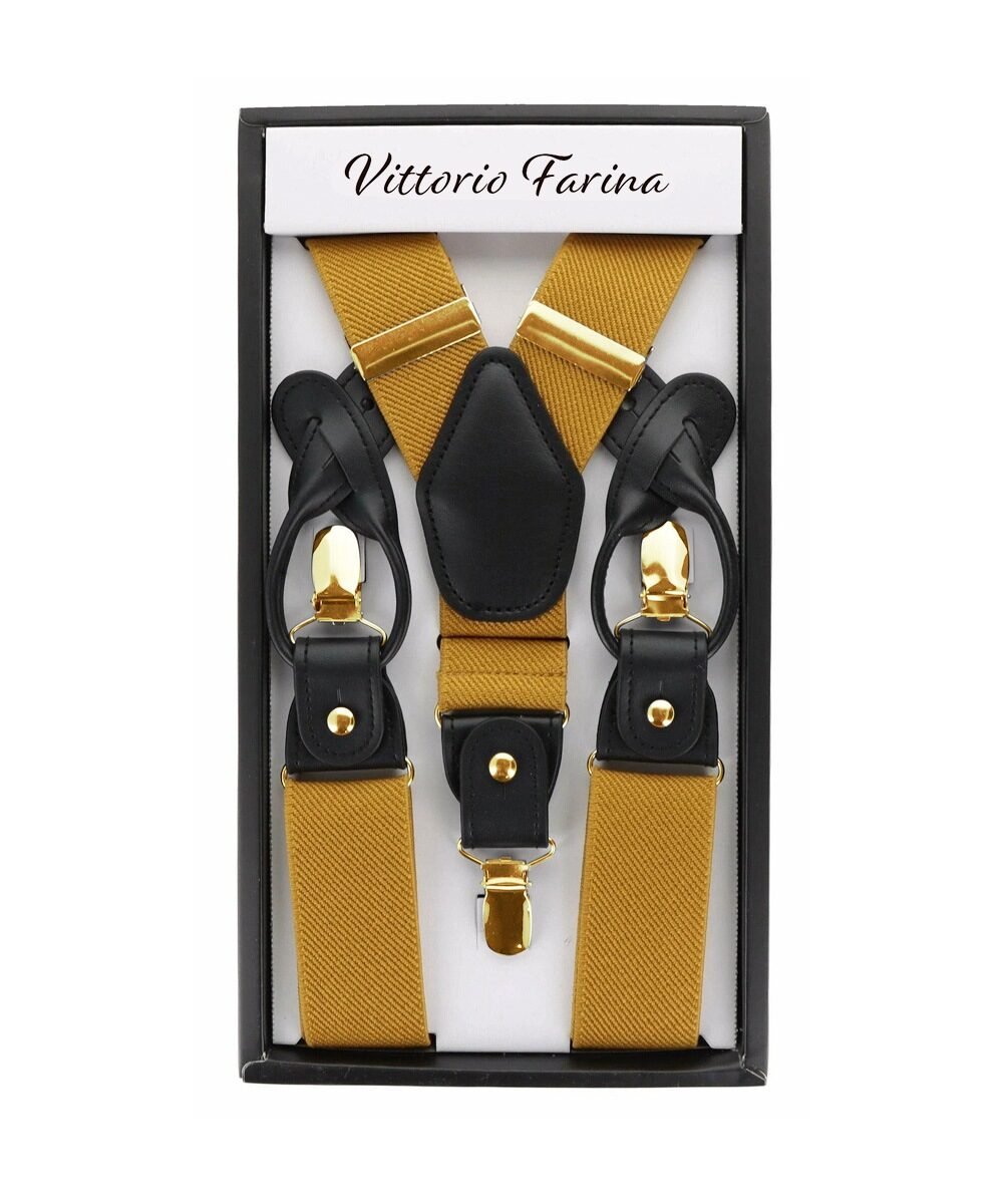 Solid Convertible Suspenders with Gold or Silver Hardware in a Box by Vittorio Farina (SUSP - CONV - GC_MUSTARD) for Independent Retail Stores by Dubal Brothers