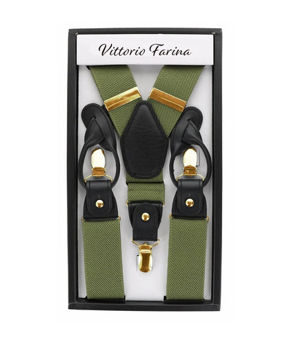 Solid Convertible Suspenders with Gold or Silver Hardware in a Box by Vittorio Farina (SUSP - CONV - GC_OLIVE) for Independent Retail Stores by Dubal Brothers