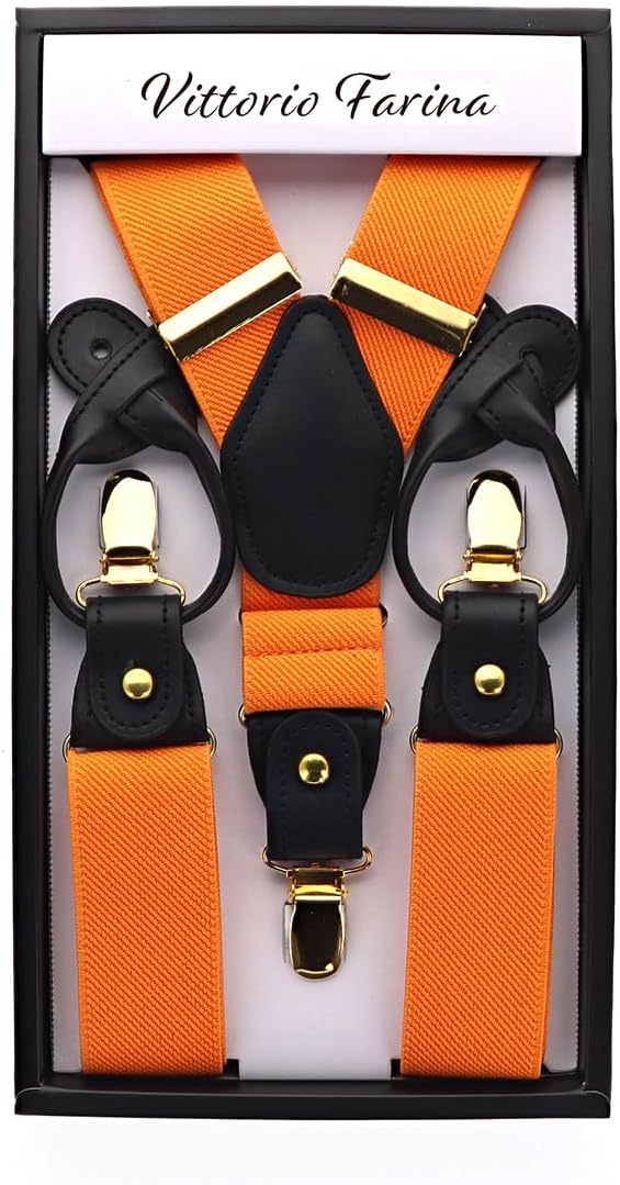 Solid Convertible Suspenders with Gold or Silver Hardware in a Box by Vittorio Farina (SUSP - CONV - GC_ORANGE) for Independent Retail Stores by Dubal Brothers