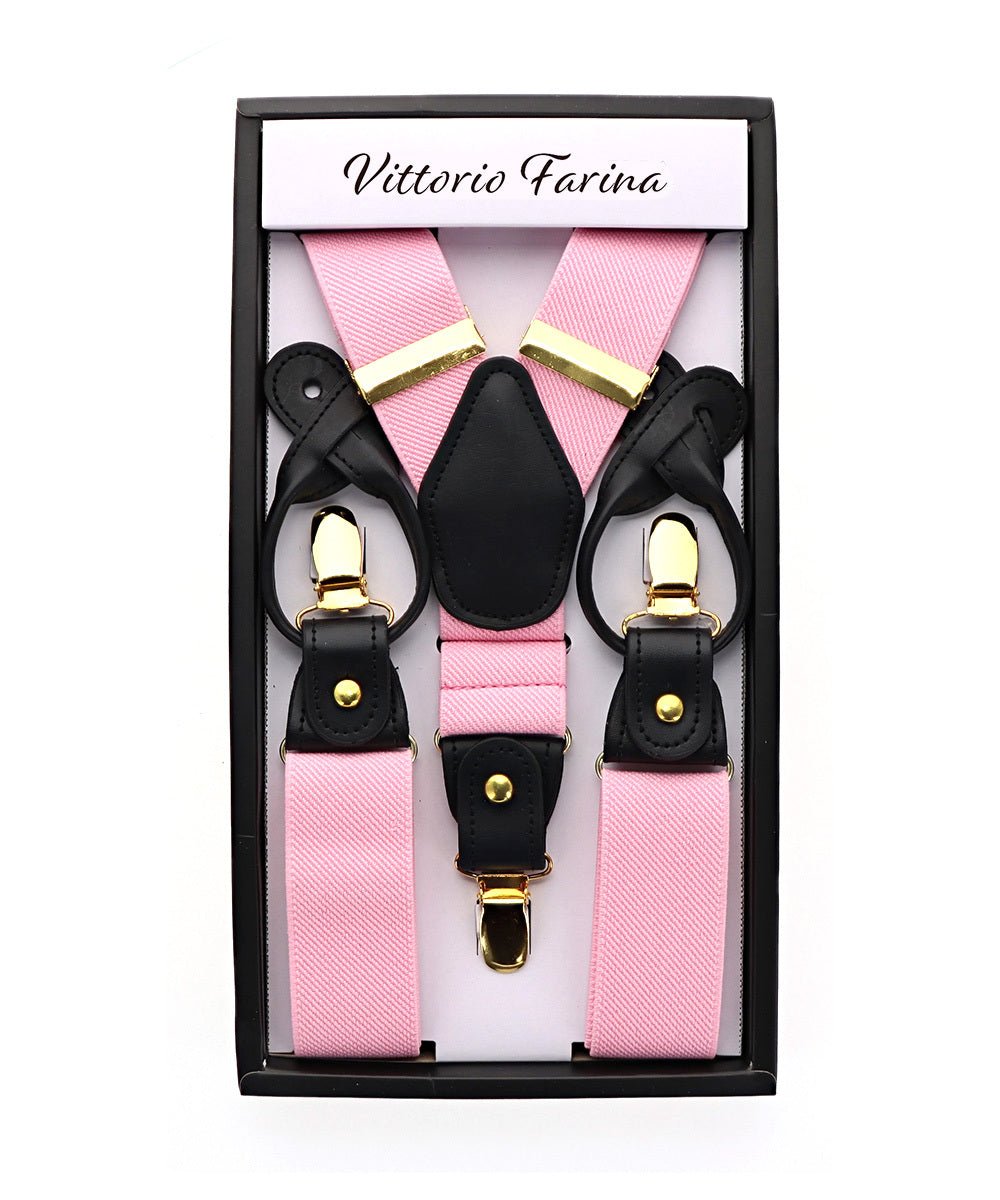 Solid Convertible Suspenders with Gold or Silver Hardware in a Box by Vittorio Farina (SUSP - CONV - GC_PINK) for Independent Retail Stores by Dubal Brothers