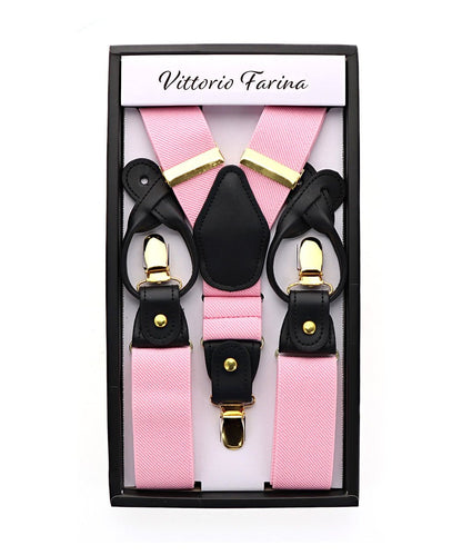 Solid Convertible Suspenders with Gold or Silver Hardware in a Box by Vittorio Farina (SUSP - CONV - GC_PINK) for Independent Retail Stores by Dubal Brothers