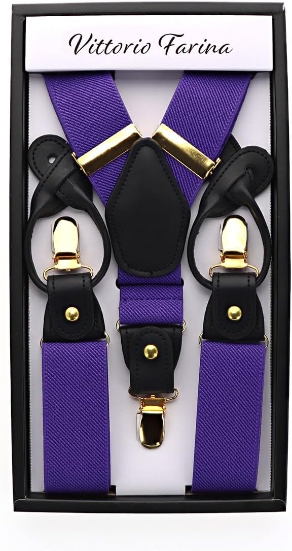 Solid Convertible Suspenders with Gold or Silver Hardware in a Box by Vittorio Farina (SUSP - CONV - GC_PURPLE) for Independent Retail Stores by Dubal Brothers