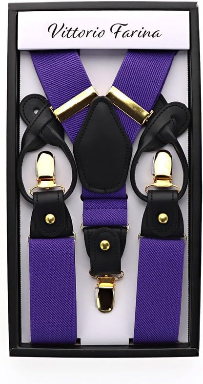 Solid Convertible Suspenders with Gold or Silver Hardware in a Box by Vittorio Farina (SUSP - CONV - GC_PURPLE) for Independent Retail Stores by Dubal Brothers