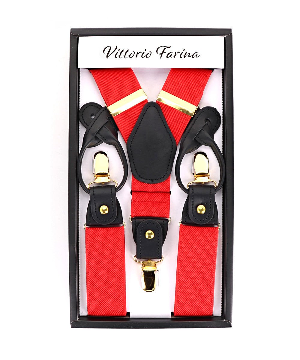 Solid Convertible Suspenders with Gold or Silver Hardware in a Box by Vittorio Farina (SUSP - CONV - GC_RED) for Independent Retail Stores by Dubal Brothers
