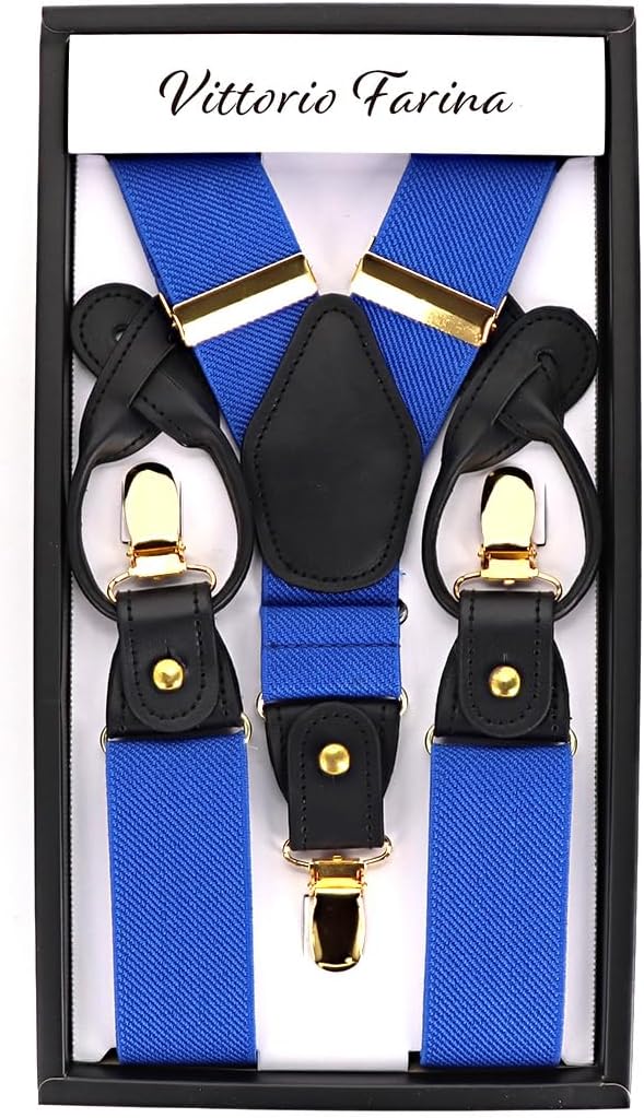Solid Convertible Suspenders with Gold or Silver Hardware in a Box by Vittorio Farina (SUSP - CONV - GC_ROYAL) for Independent Retail Stores by Dubal Brothers
