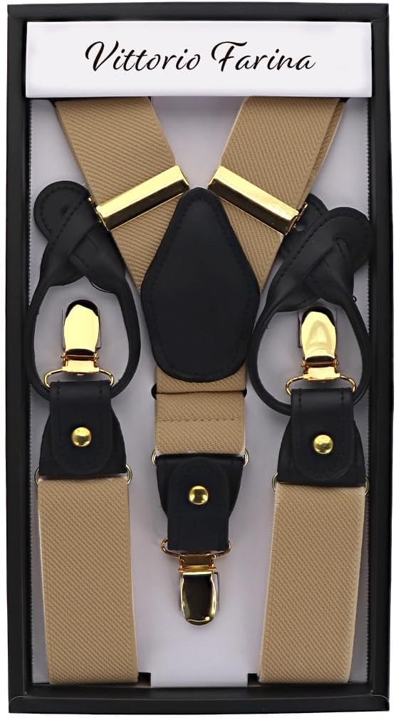Solid Convertible Suspenders with Gold or Silver Hardware in a Box by Vittorio Farina (SUSP - CONV - GC_TAUPE) for Independent Retail Stores by Dubal Brothers
