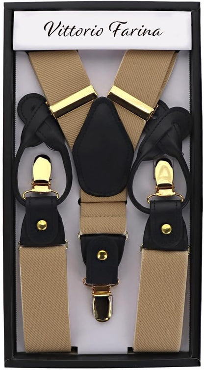 Solid Convertible Suspenders with Gold or Silver Hardware in a Box by Vittorio Farina (SUSP - CONV - GC_TAUPE) for Independent Retail Stores by Dubal Brothers