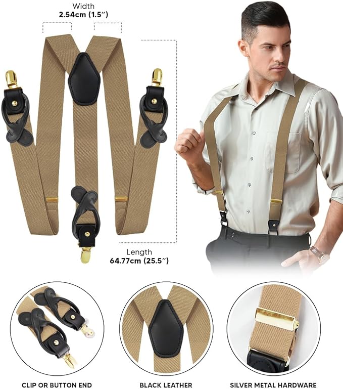 Solid Convertible Suspenders with Gold or Silver Hardware in a Box by Vittorio Farina (SUSP - CONV - GC_TAUPE) for Independent Retail Stores by Dubal Brothers