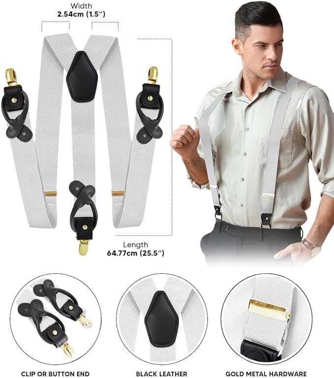 Solid Convertible Suspenders with Gold or Silver Hardware in a Box by Vittorio Farina (SUSP - CONV - GC_WHITE) for Independent Retail Stores by Dubal Brothers