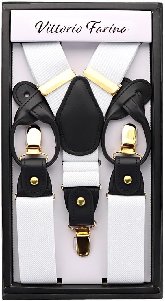 Solid Convertible Suspenders with Gold or Silver Hardware in a Box by Vittorio Farina (SUSP - CONV - GC_WHITE) for Independent Retail Stores by Dubal Brothers
