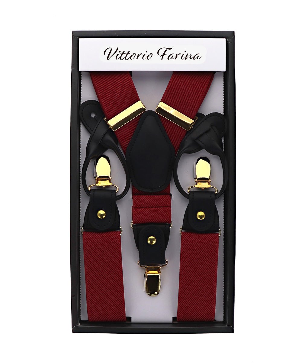 Solid Convertible Suspenders with Gold or Silver Hardware in a Box by Vittorio Farina (SUSP - CONV - GC_WINE) for Independent Retail Stores by Dubal Brothers