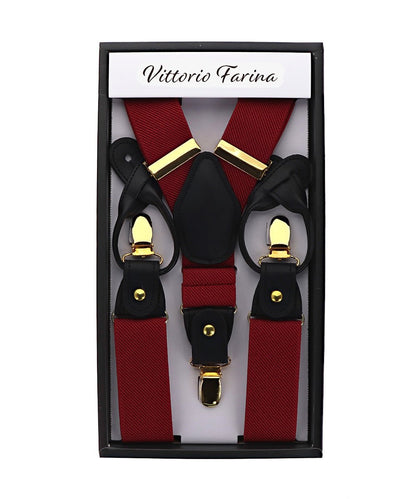 Solid Convertible Suspenders with Gold or Silver Hardware in a Box by Vittorio Farina (SUSP - CONV - GC_WINE) for Independent Retail Stores by Dubal Brothers