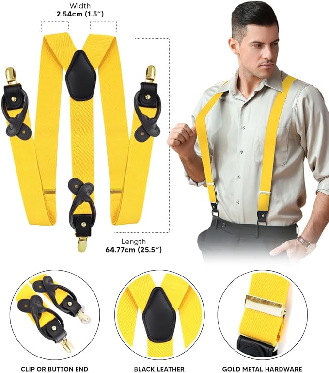 Solid Convertible Suspenders with Gold or Silver Hardware in a Box by Vittorio Farina (SUSP - CONV - GC_YELLOW) for Independent Retail Stores by Dubal Brothers