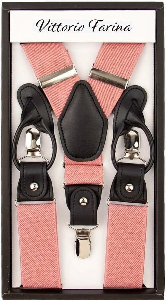 Solid Convertible Suspenders with Gold or Silver Hardware in a Box by Vittorio Farina (SUSP - CONV - SC_BLUSH) for Independent Retail Stores by Dubal Brothers