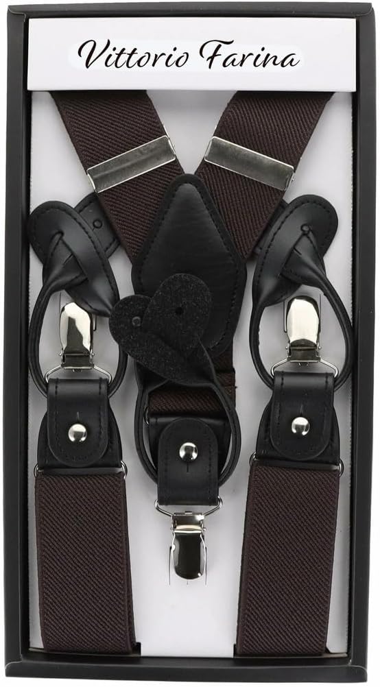 Solid Convertible Suspenders with Gold or Silver Hardware in a Box by Vittorio Farina (SUSP - CONV - SC_BROWN) for Independent Retail Stores by Dubal Brothers