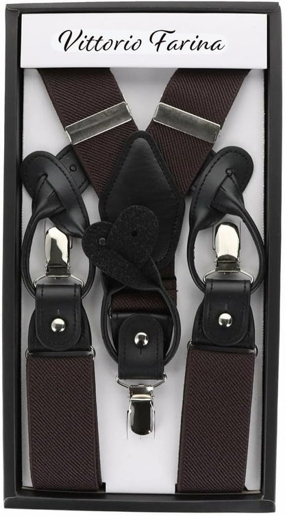 Solid Convertible Suspenders with Gold or Silver Hardware in a Box by Vittorio Farina (SUSP - CONV - SC_BROWN) for Independent Retail Stores by Dubal Brothers