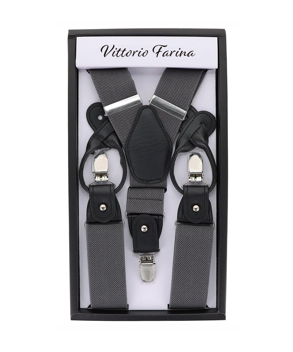 Solid Convertible Suspenders with Gold or Silver Hardware in a Box by Vittorio Farina (SUSP - CONV - SC_CHARCOAL) for Independent Retail Stores by Dubal Brothers