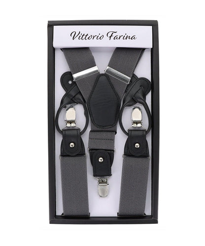 Solid Convertible Suspenders with Gold or Silver Hardware in a Box by Vittorio Farina (SUSP - CONV - SC_CHARCOAL) for Independent Retail Stores by Dubal Brothers