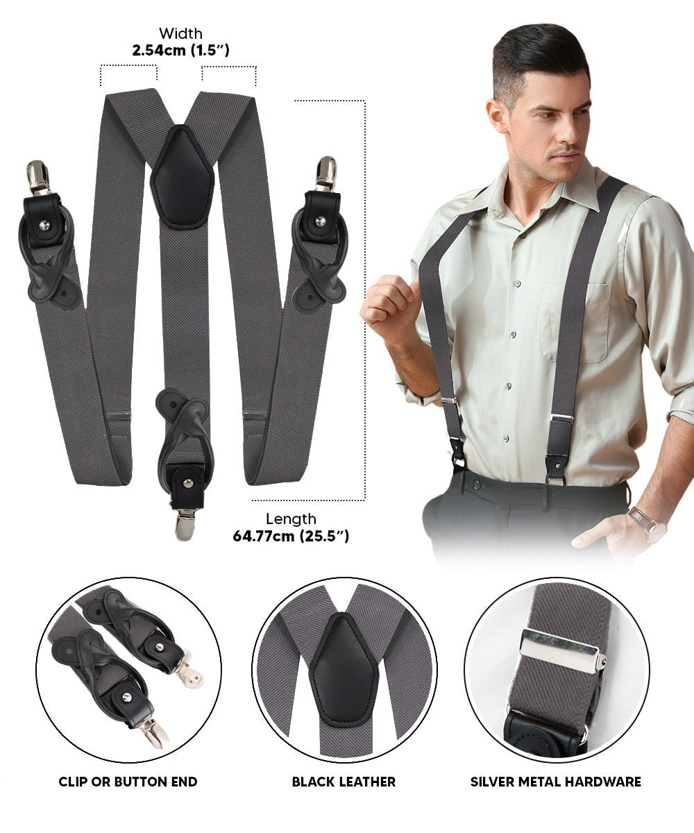 Solid Convertible Suspenders with Gold or Silver Hardware in a Box by Vittorio Farina (SUSP - CONV - SC_CHARCOAL) for Independent Retail Stores by Dubal Brothers
