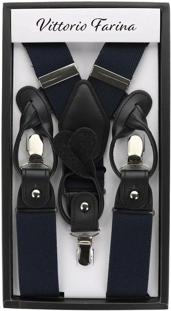 Solid Convertible Suspenders with Gold or Silver Hardware in a Box by Vittorio Farina (SUSP - CONV - SC_DARK - NAVY) for Independent Retail Stores by Dubal Brothers