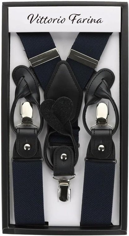 Solid Convertible Suspenders with Gold or Silver Hardware in a Box by Vittorio Farina (SUSP - CONV - SC_DARK - NAVY) for Independent Retail Stores by Dubal Brothers
