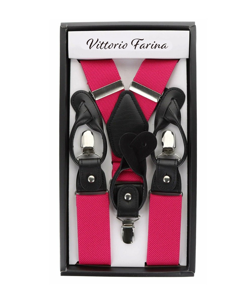 Solid Convertible Suspenders with Gold or Silver Hardware in a Box by Vittorio Farina (SUSP - CONV - SC_HOT - PINK) for Independent Retail Stores by Dubal Brothers