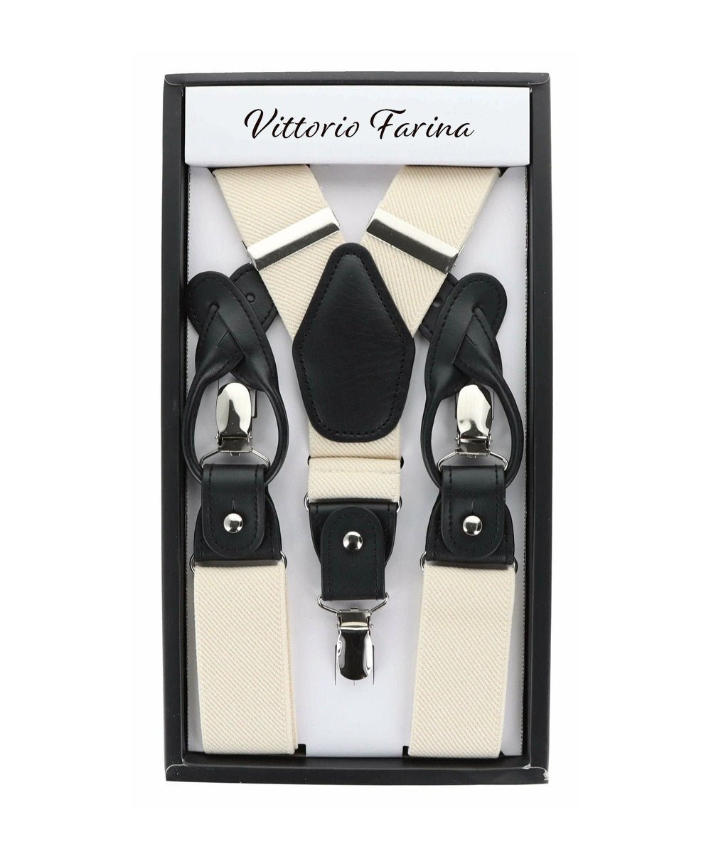Solid Convertible Suspenders with Gold or Silver Hardware in a Box by Vittorio Farina (SUSP - CONV - SC_IVORY) for Independent Retail Stores by Dubal Brothers