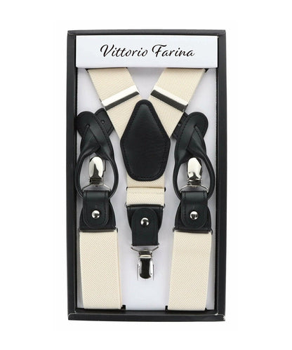 Solid Convertible Suspenders with Gold or Silver Hardware in a Box by Vittorio Farina (SUSP - CONV - SC_IVORY) for Independent Retail Stores by Dubal Brothers