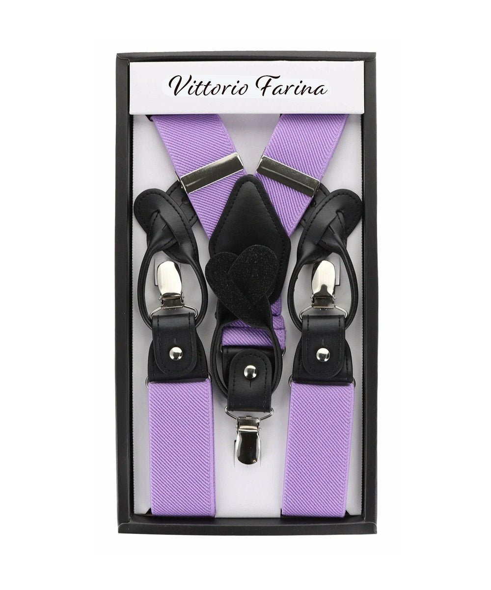 Solid Convertible Suspenders with Gold or Silver Hardware in a Box by Vittorio Farina (SUSP - CONV - SC_LAVENDER) for Independent Retail Stores by Dubal Brothers