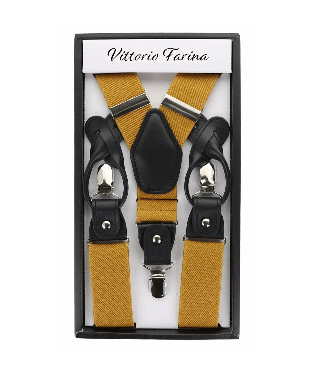 Solid Convertible Suspenders with Gold or Silver Hardware in a Box by Vittorio Farina (SUSP - CONV - SC_MUSTARD) for Independent Retail Stores by Dubal Brothers